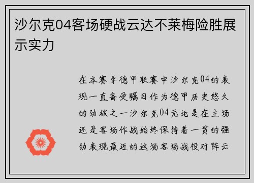 沙尔克04客场硬战云达不莱梅险胜展示实力